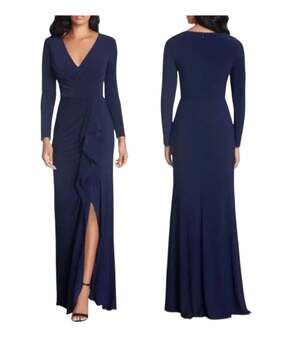 Betsy & Adam Cascade Ruffle Long Sleeve Stretch Jersey Gown Dress: Size 4!